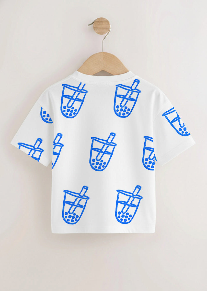 White kids t-shirt with blue boba bubble tea graphic print