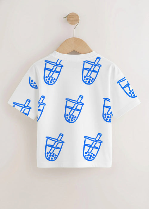 White kids t-shirt with blue boba bubble tea graphic print