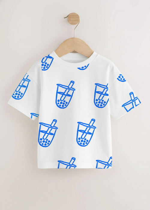 White kids t-shirt with blue boba bubble tea graphic print