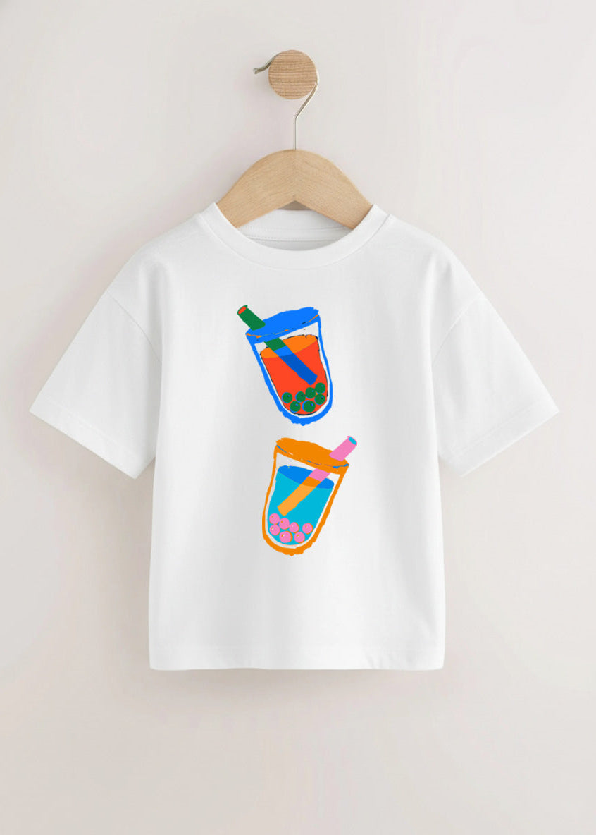 White kids t-shirt with colourful double boba bubble tea print