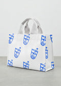 White canvas totebag with blue bubble tea pattern