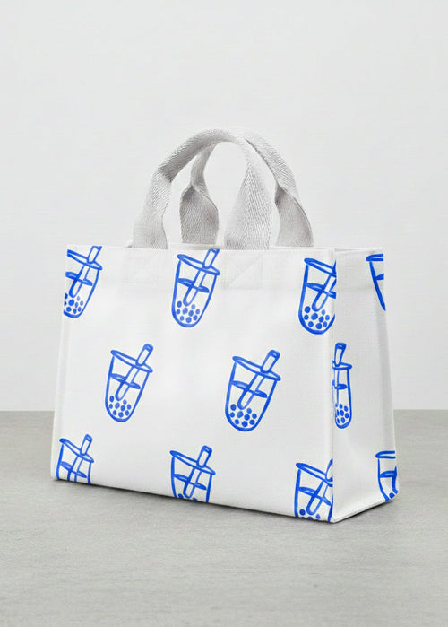 White canvas totebag with blue bubble tea pattern